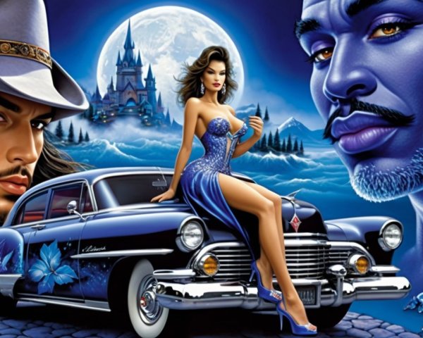 Vibrant Artwork of Classic Car with Mystical Elements