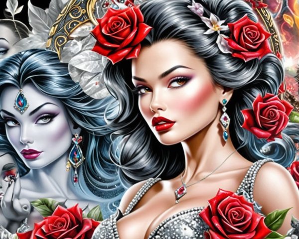 Fantasy Scene with Woman in Silver Dress and Roses