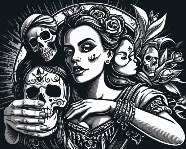 Black-and-white illustration of a female figure with skulls