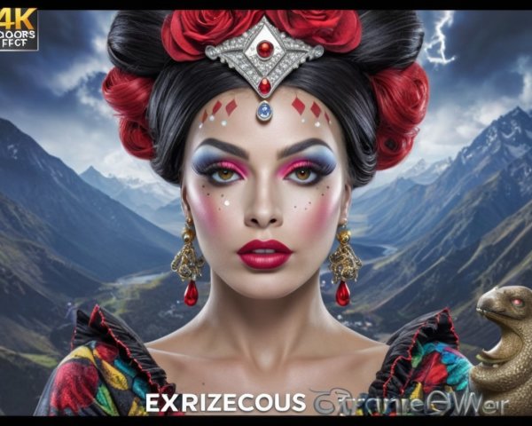 Vibrant Makeup and Traditional Attire Against Mountains