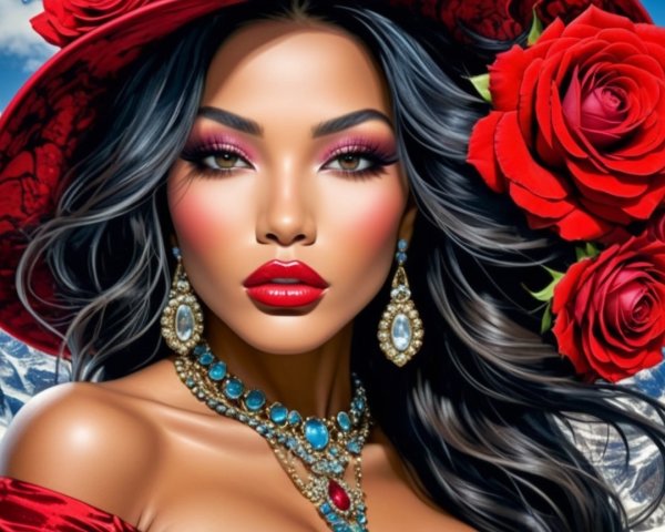 Confident Woman with Red Roses and Mountain Backdrop
