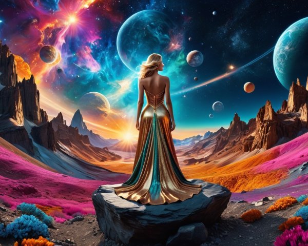 Woman in gold and teal gown amidst cosmic landscape