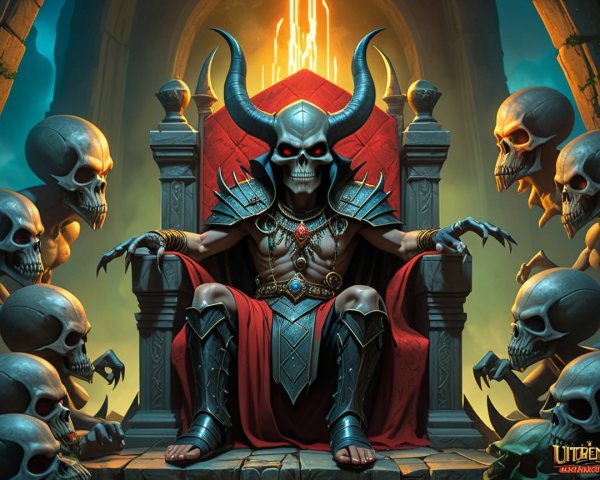 Powerful figure on a grand throne in dark fantasy setting