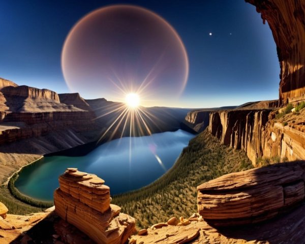 Sunrise Landscape of a Canyon with Shimmering Lake