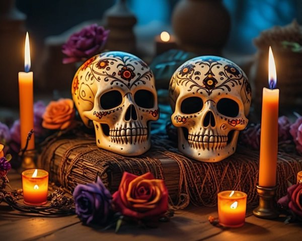 Ornate Skulls with Roses and Candles in Dim Light
