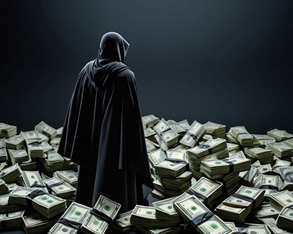 Mysterious Figure Surrounded by Cash in Dark Scene