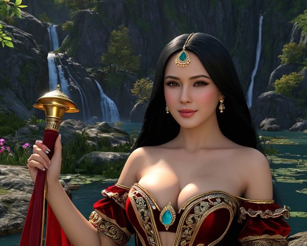 Elegant Woman in Red Gown by Serene Waterfall