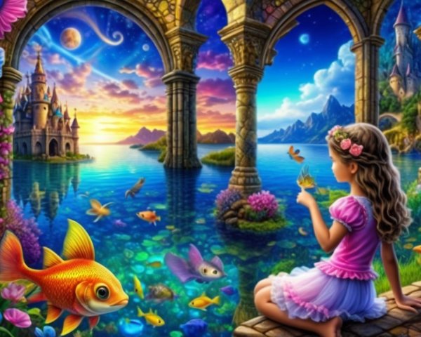 Serene Fantasy Scene of a Girl by a Vibrant Lake