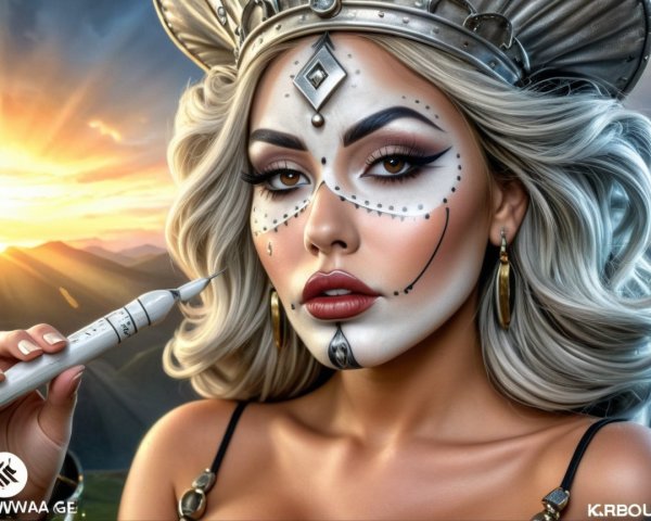 Portrait of a woman with doll-like face paint and sunset