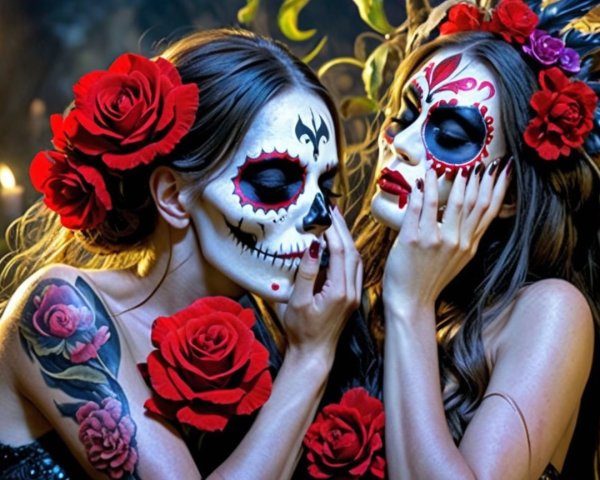 Intricately Painted Skeleton Faces in Dramatic Setting