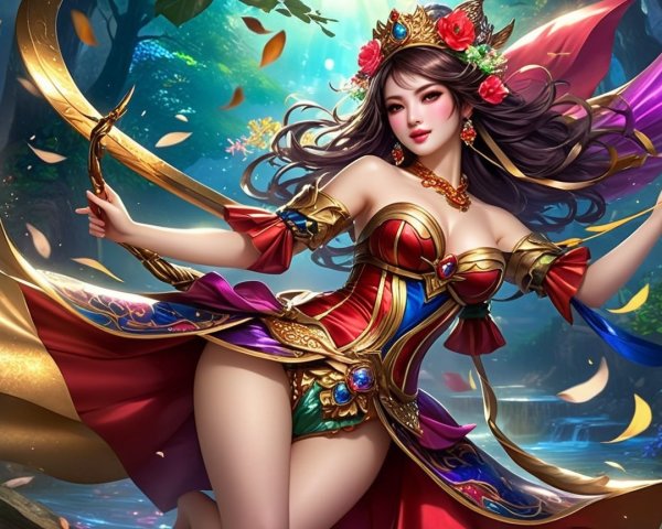 Fantasy Warrior Woman in Colorful Armor in Forest