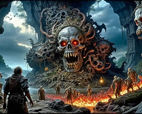 Ominous Skull Landscape with Undead Creatures and Fire