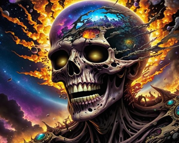 Cosmic Skull Surrounded by Colorful Nebulae and Stars