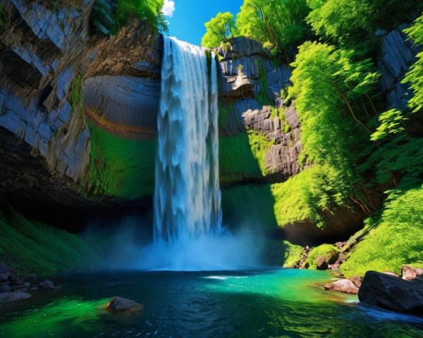 Cascading Waterfall Surrounded by Lush Greenery