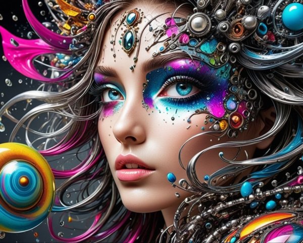 Portrait of a Woman with Cosmic Elements and Vibrant Hair