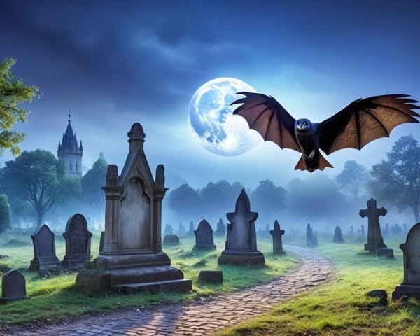 Mystical graveyard with moonlit tombstones and bats