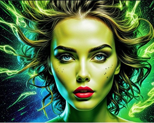 Portrait of a Woman with Green Skin and Blue Eyes