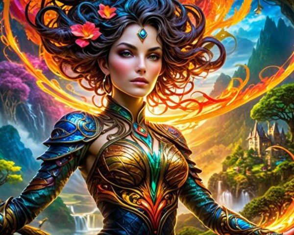 Mystical female figure in ornate armor in fantasy landscape