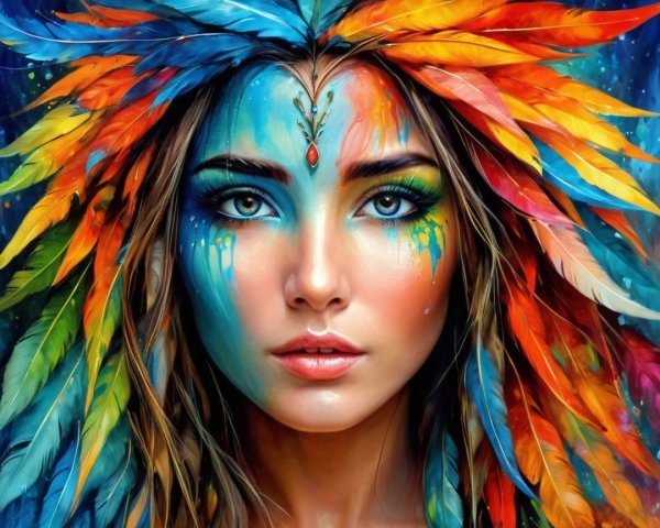 Portrait of a Young Woman with Colorful Feathers
