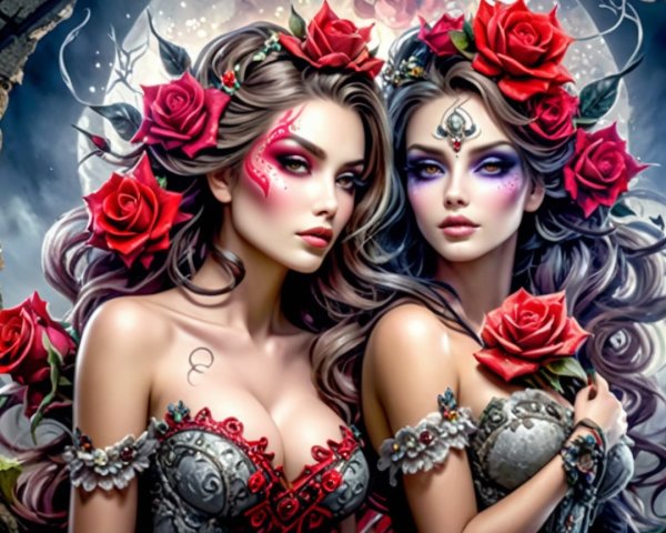 Enchanting Women in Silver Gowns with Floral Background