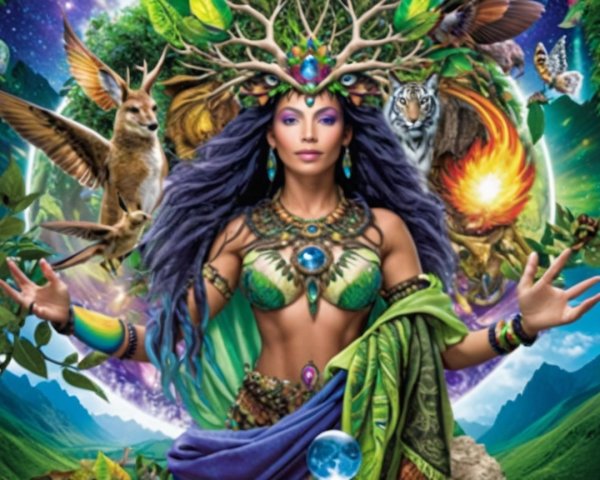Mystical figure in vibrant attire among lush landscape