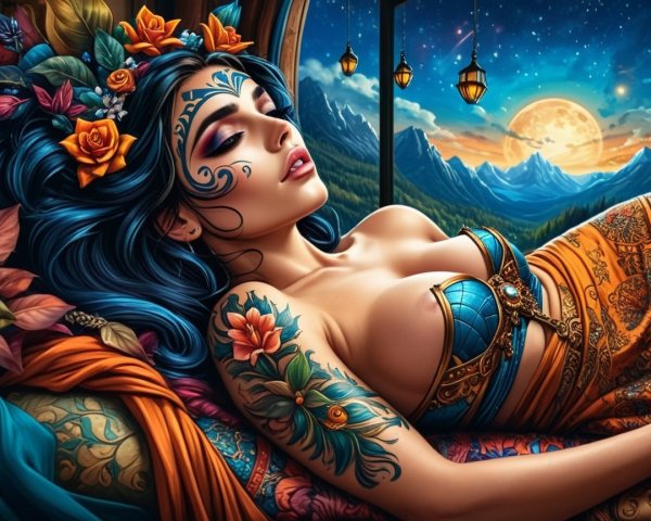 Serene Woman on Colorful Cushion in Moonlit Landscape