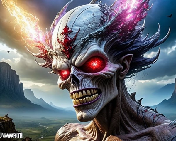 Monstrous Figure with Skull Face and Dramatic Landscape