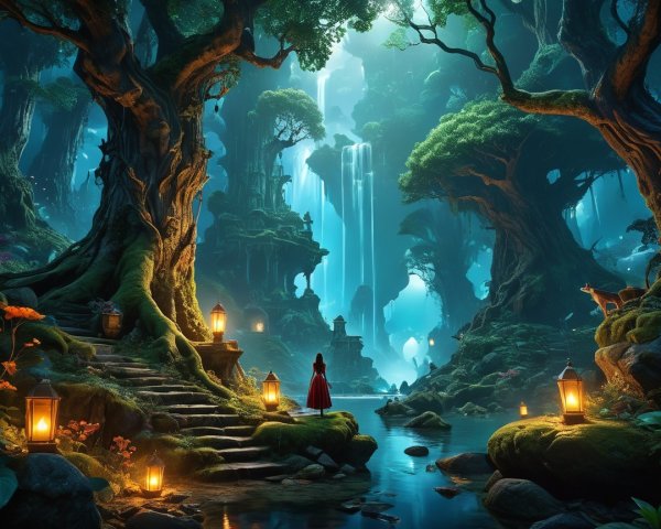 Mystical Forest with Red Cloak and Tranquil River
