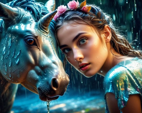 Close-Up of Young Woman with Unicorn in Magical Forest