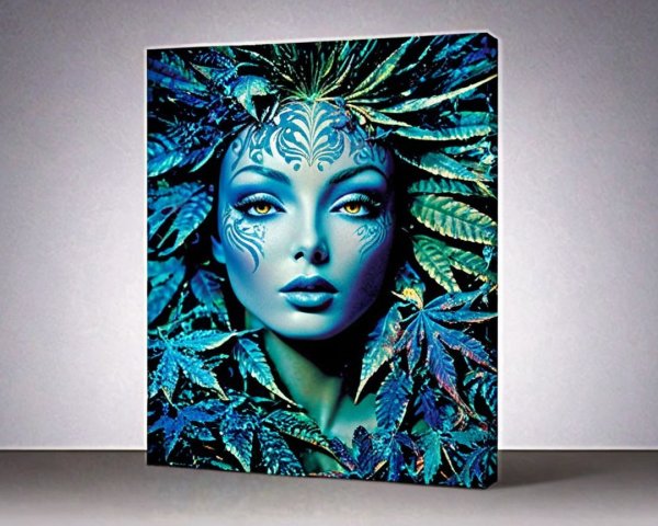 Female figure with blue skin among green leaves