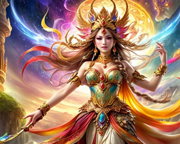 Majestic Goddess in Colorful Armor with Cosmic Background
