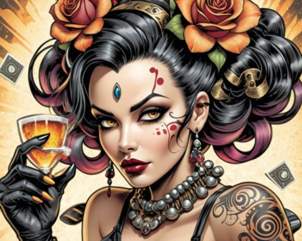 Tattooed Woman with Roses and Bold Makeup Features