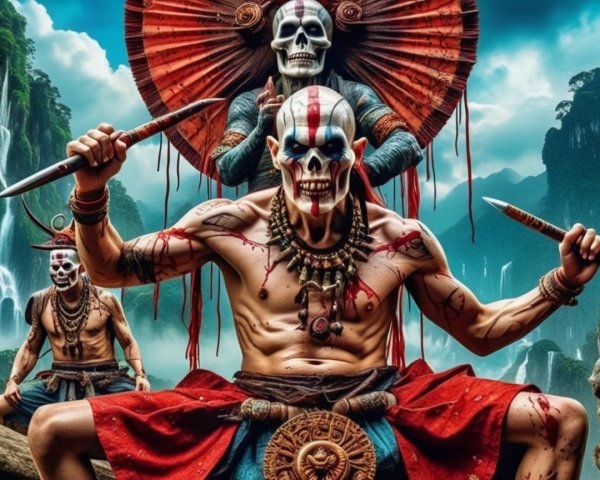 Dramatic Scene of Warriors in Tribal Attire and Masks