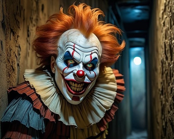 Menacing Clown in Dimly Lit Corridor Scene