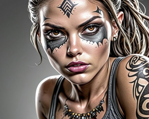Young Woman with Tribal Face Tattoos and Body Art