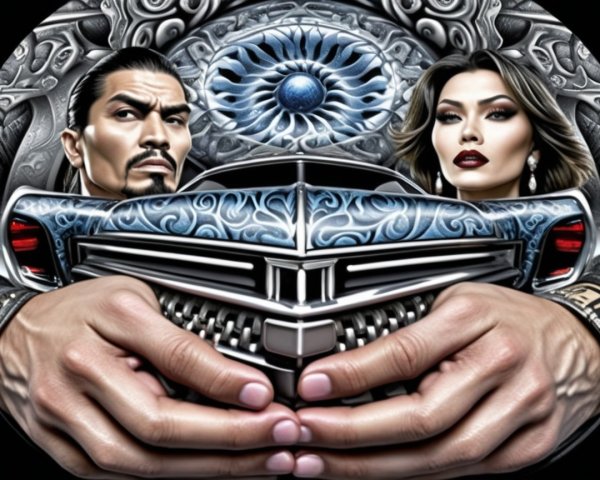 Stylized Illustration of Figures with Car Grill Design