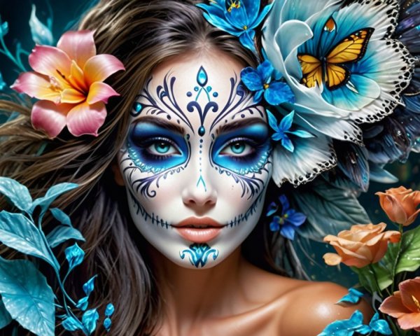Woman with Sugar Skull Makeup Surrounded by Flowers