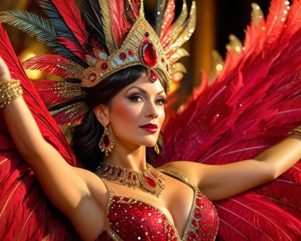 Striking Costume with Red Feathers and Gems Displayed