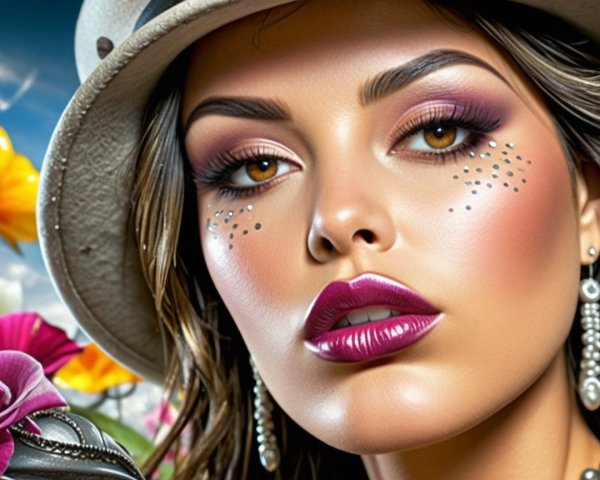 Glamorous Young Woman with Bold Makeup and Floral Background