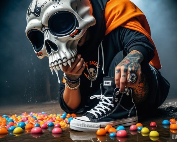 Crouching Figure in Fog with Skull Mask and Eggs