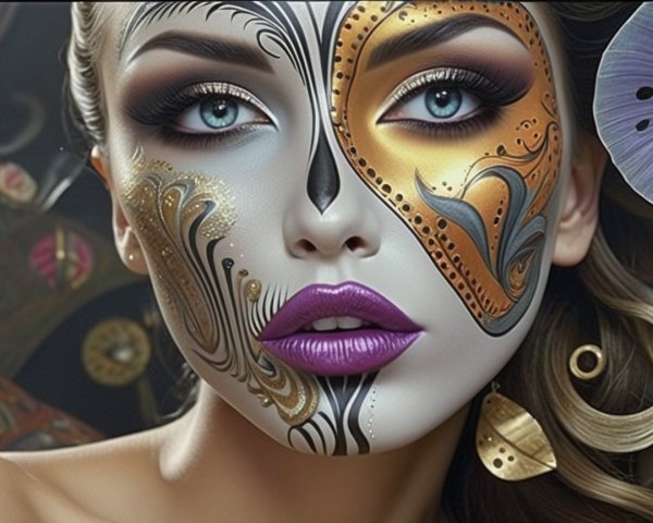 Close-up of a woman with intricate face paint patterns