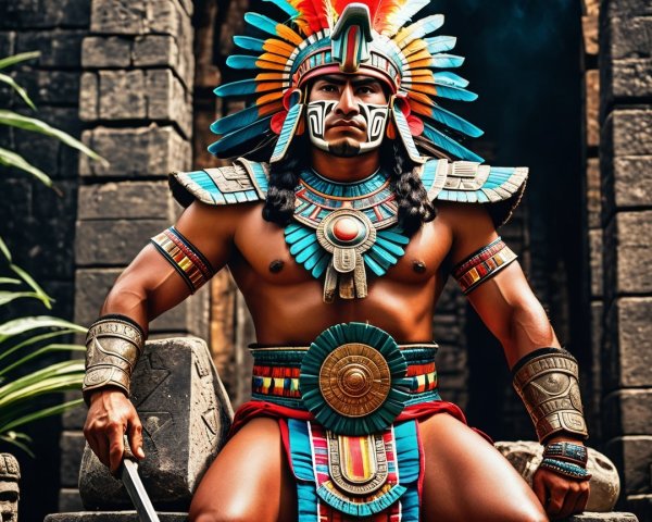 Muscular Warrior on Stone Throne in Ancient Ruins