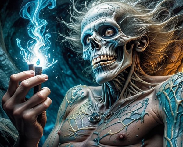 Skeletal Figure in Dark Environment with Mystical Flame