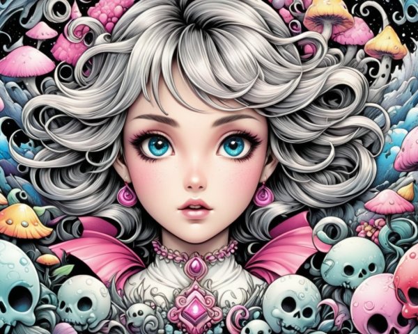 Whimsical Illustration of a Girl with Silver Hair