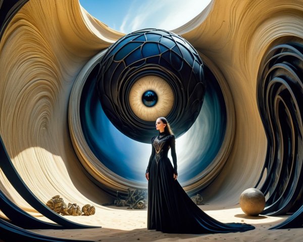 Mysterious figure in surreal landscape with eye structure