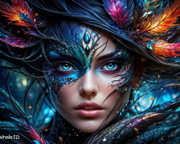 Colorful Face Paint and Feathers on Female Figure