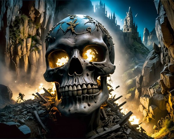 Colossal Skull and Dark Castle in Chaotic Landscape