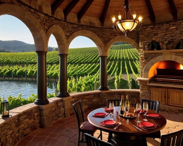 Stone gazebo with vineyard views and dining setup
