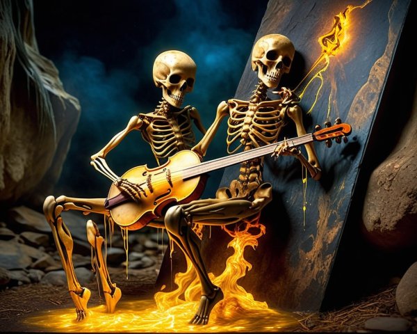 Animated Skeletons Playing Guitar in Mystical Glow