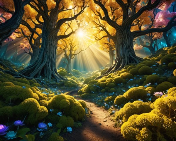 Magical Forest with Golden Light and Autumn Foliage